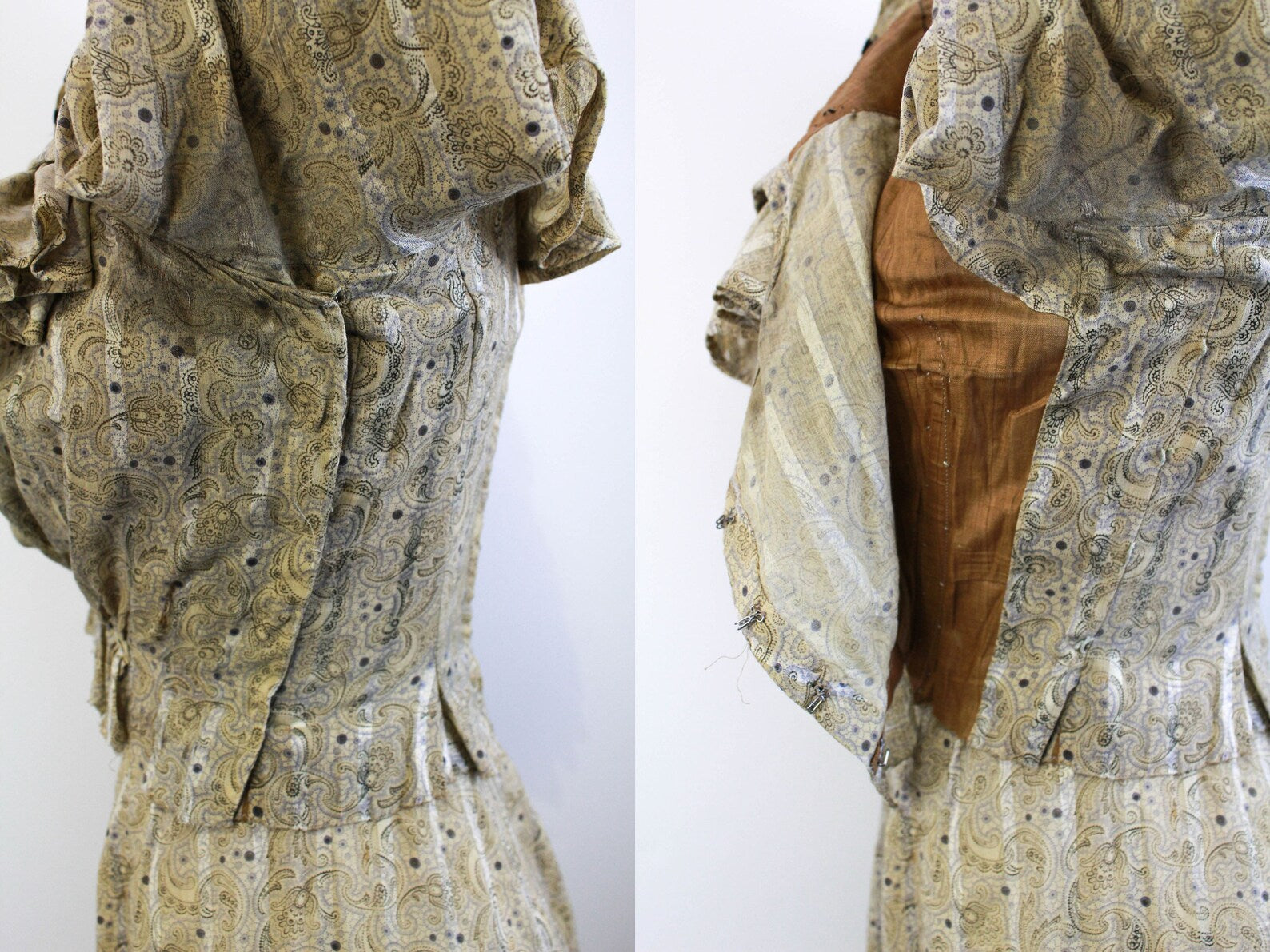 Antique Victorian Cotton Paisley Ruffle Bodice & Maxi Skirt Set, B30"