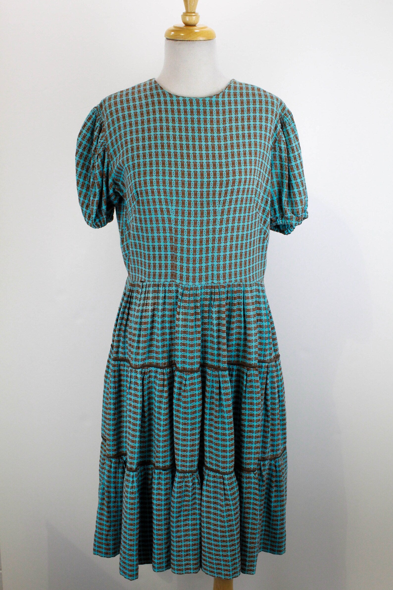Vintage Reproduction Checked Dress, 1940s Style Prairie Dress with Puff Sleeves, Tiered Skirt, Midi Length, Gingham, Medium/Large