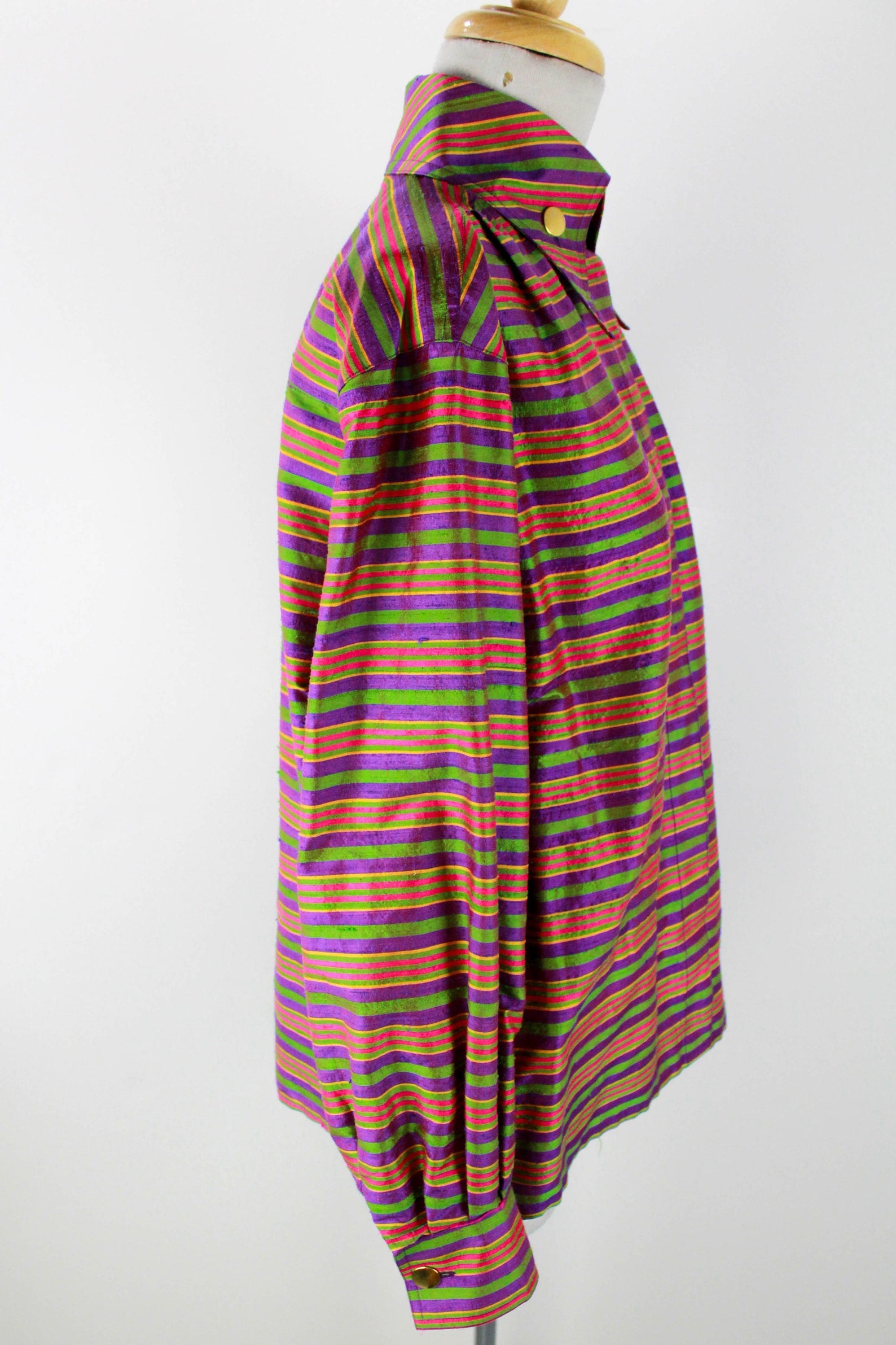 80s Guy Laroche Silk Striped Blouse, Pointed Collar, Pink, Purple, Yellow and Green Stripes, Made in France Large