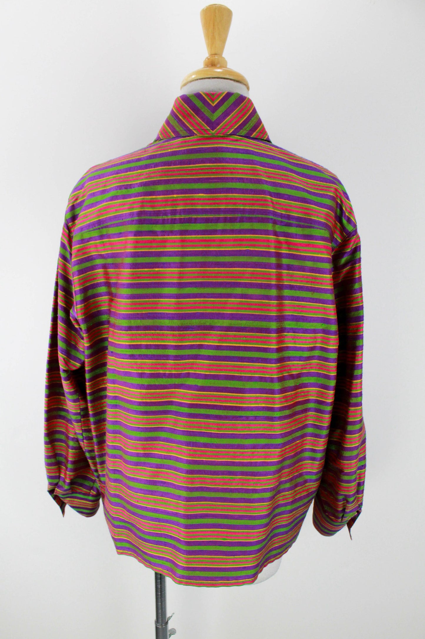 80s Guy Laroche Silk Striped Blouse, Pointed Collar, Pink, Purple, Yellow and Green Stripes, Made in France Large