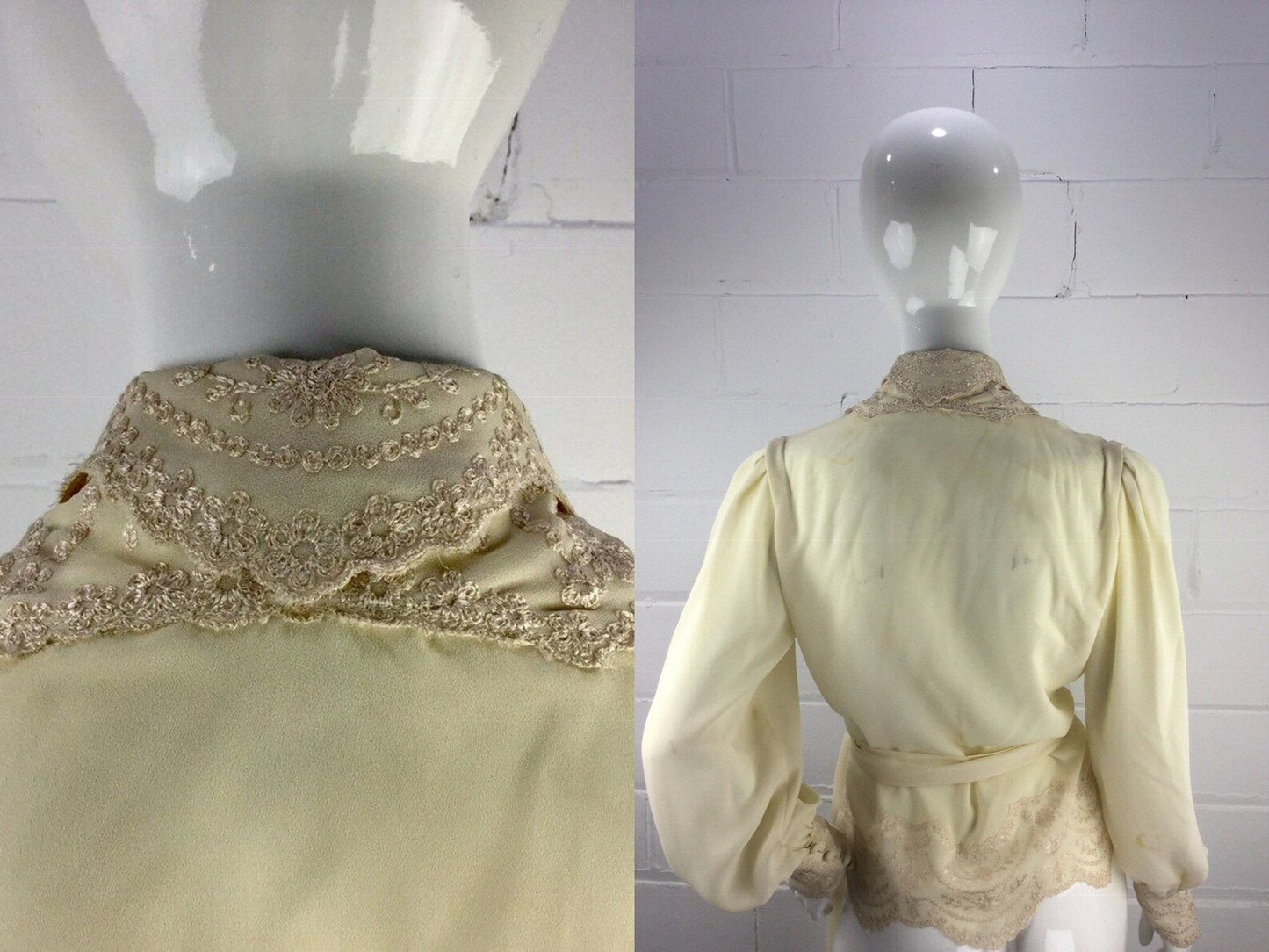 1980s Ivory Bed Jacket with Lace Trim and Sash Belt, Sheer Polyester Crepe, Bust 30", Vintage Womens Lingerie, Boho Festival Jacket