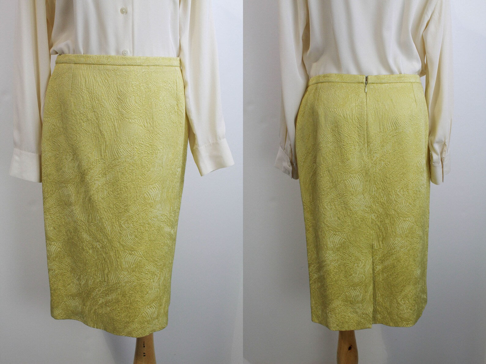 80s Nina Ricci Gold Skirt Suit, Wool and Silk, Vintage Designer Women's Blazer and Skirt, Made in France, M/L
