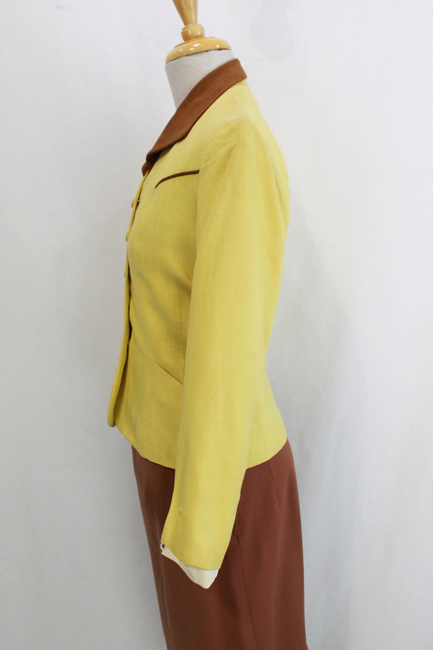 1940s/50s Yellow and Brown Contrast Collar Blazer Jacket, Small, Pockets, Covered Buttons, Vintage Womens Blazer