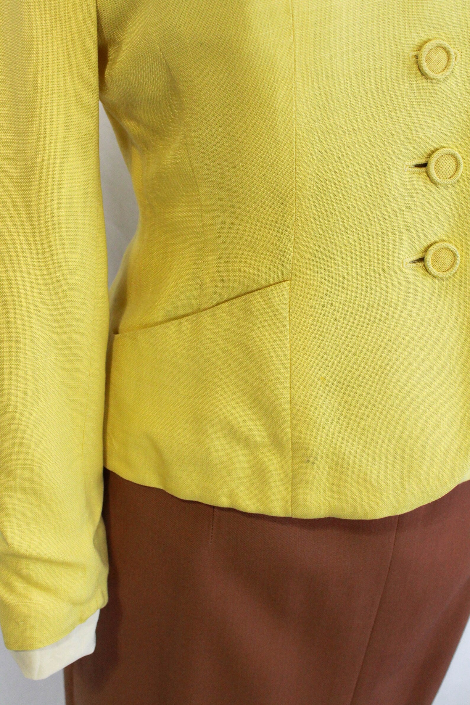 1940s/50s Yellow and Brown Contrast Collar Blazer Jacket, Small, Pockets, Covered Buttons, Vintage Womens Blazer