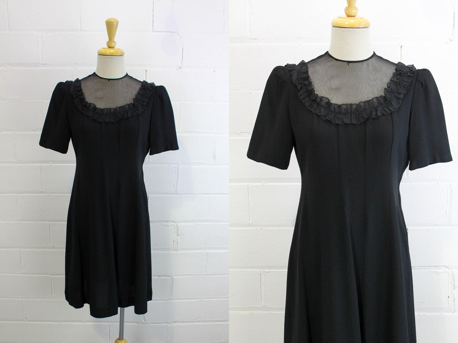 1940s Black Rayon Crepe Dress, Ruffle Detail, Short Sleeves, Sheer Mesh Neckline, A-line