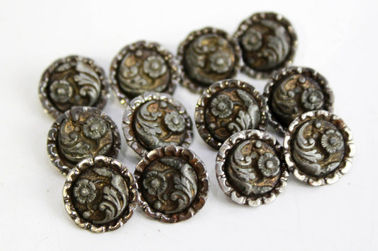 Victorian Flower Picture Buttons, 12 mm Set of 12, Steel/Metal Antique Dress Buttons Sewing Notions