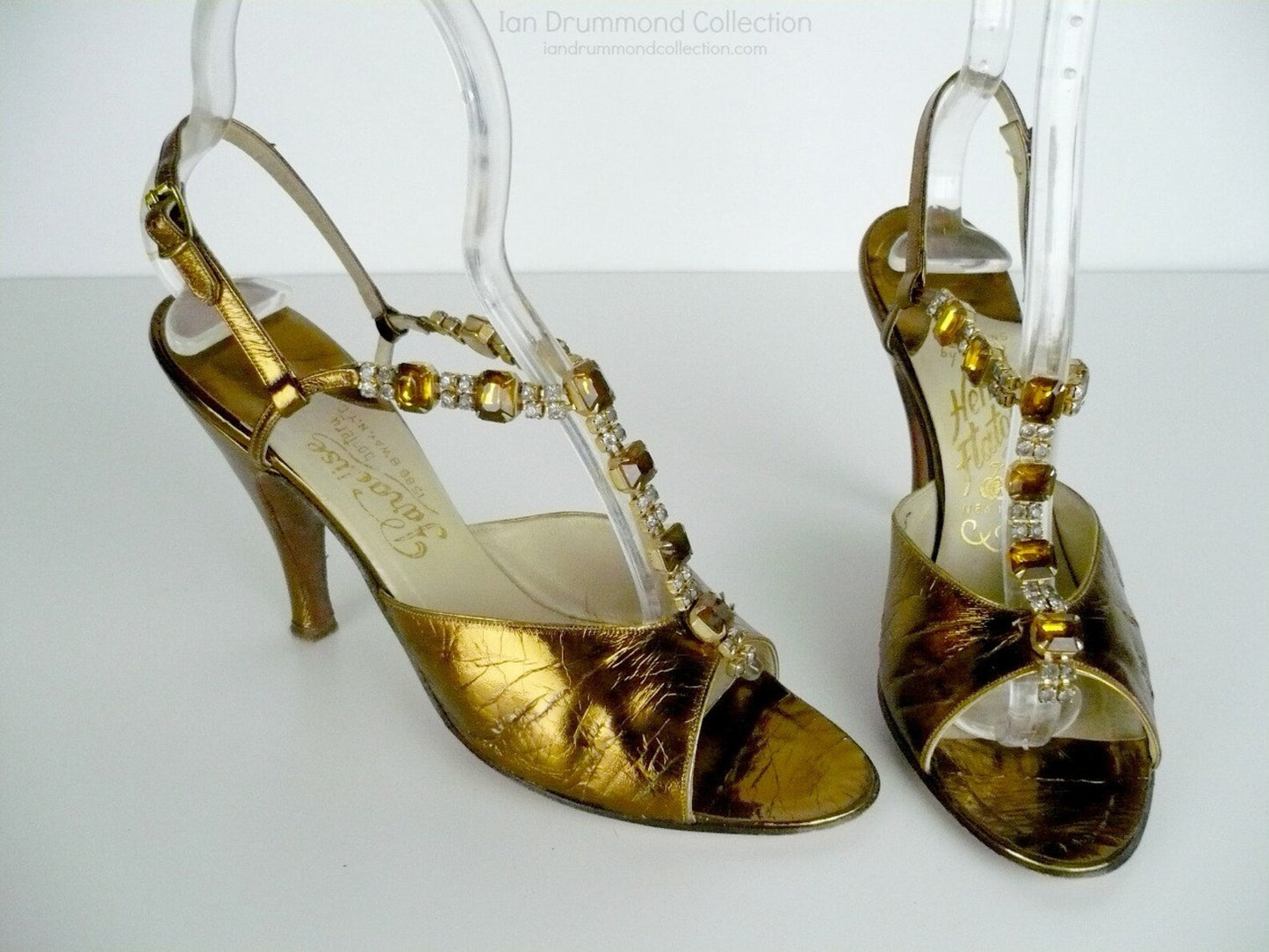 Vintage 50's Gold/Copper Metallic Leather High Heel Shoes, Rhinestone T-Strap, Sling Back High Heels, Henri Flatow Peep Toe Sandals