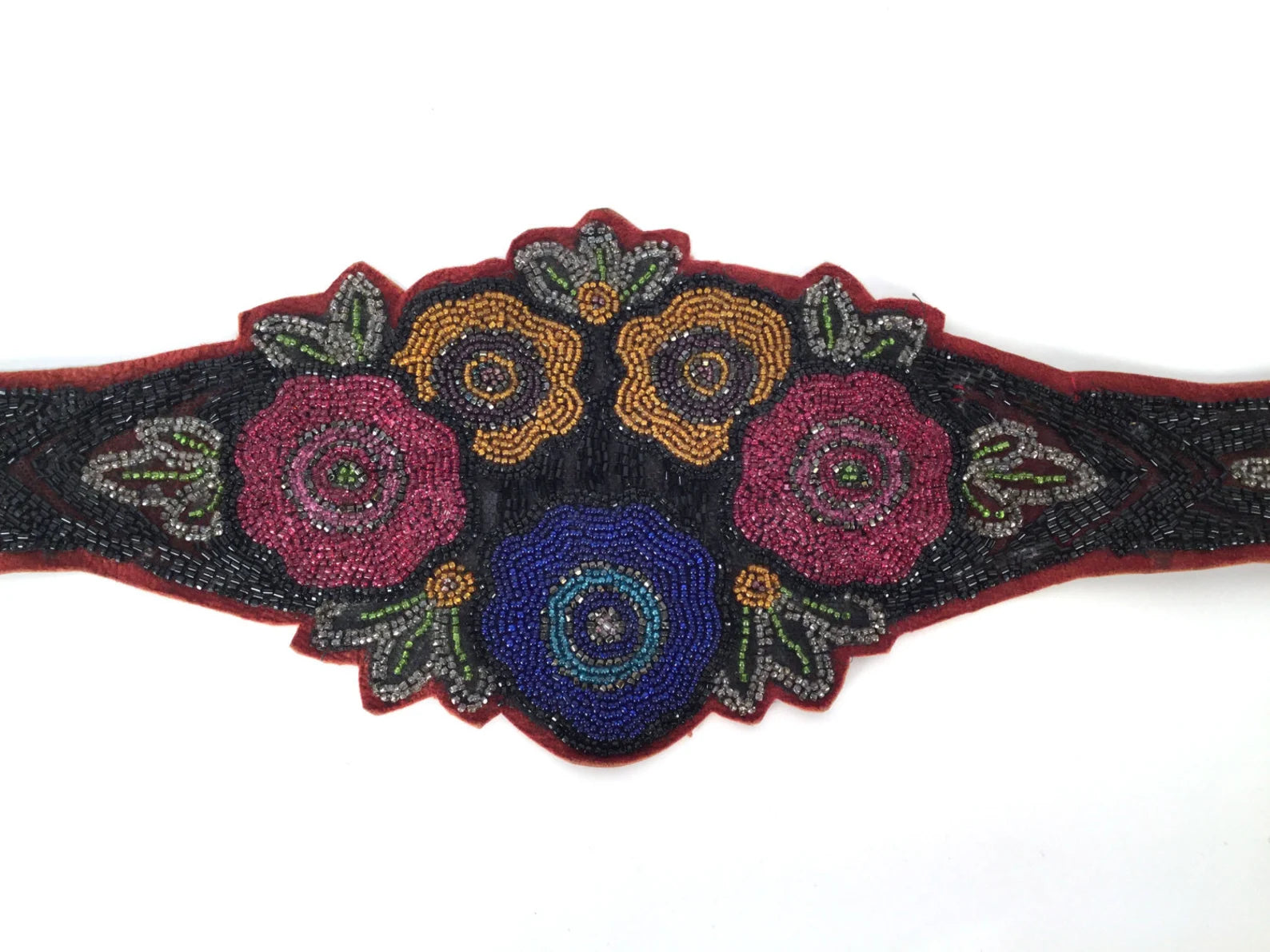 Vintage 1920s Womens Hand Beaded Floral Belt, Antique Art Deco Leather & Glass Bead, W25 