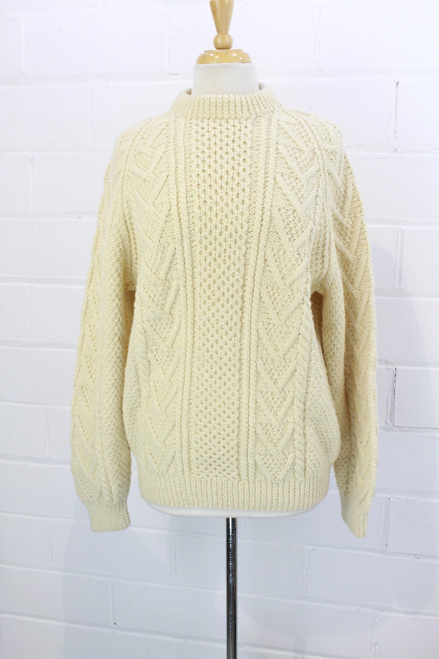 Vintage Cream Wool Aran Carbery Fisherman Sweater and Matching Knit Tam/Beret with Pom Pom, Hand Knit in Ireland