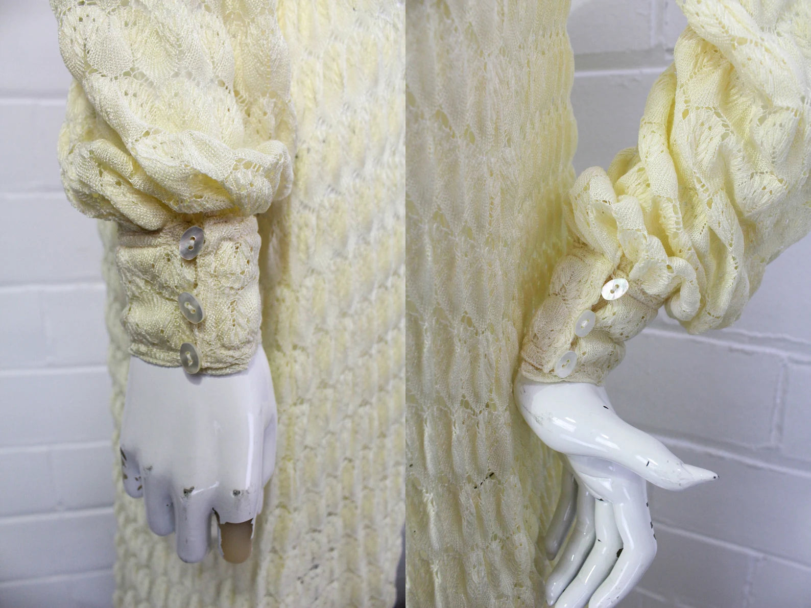 80s Rare Jean Muir Cream Knit Crochet Maxi Dress, Bishop Sleeves, Tie Neck, Vintage Jean Muir Designer Dress, B36.