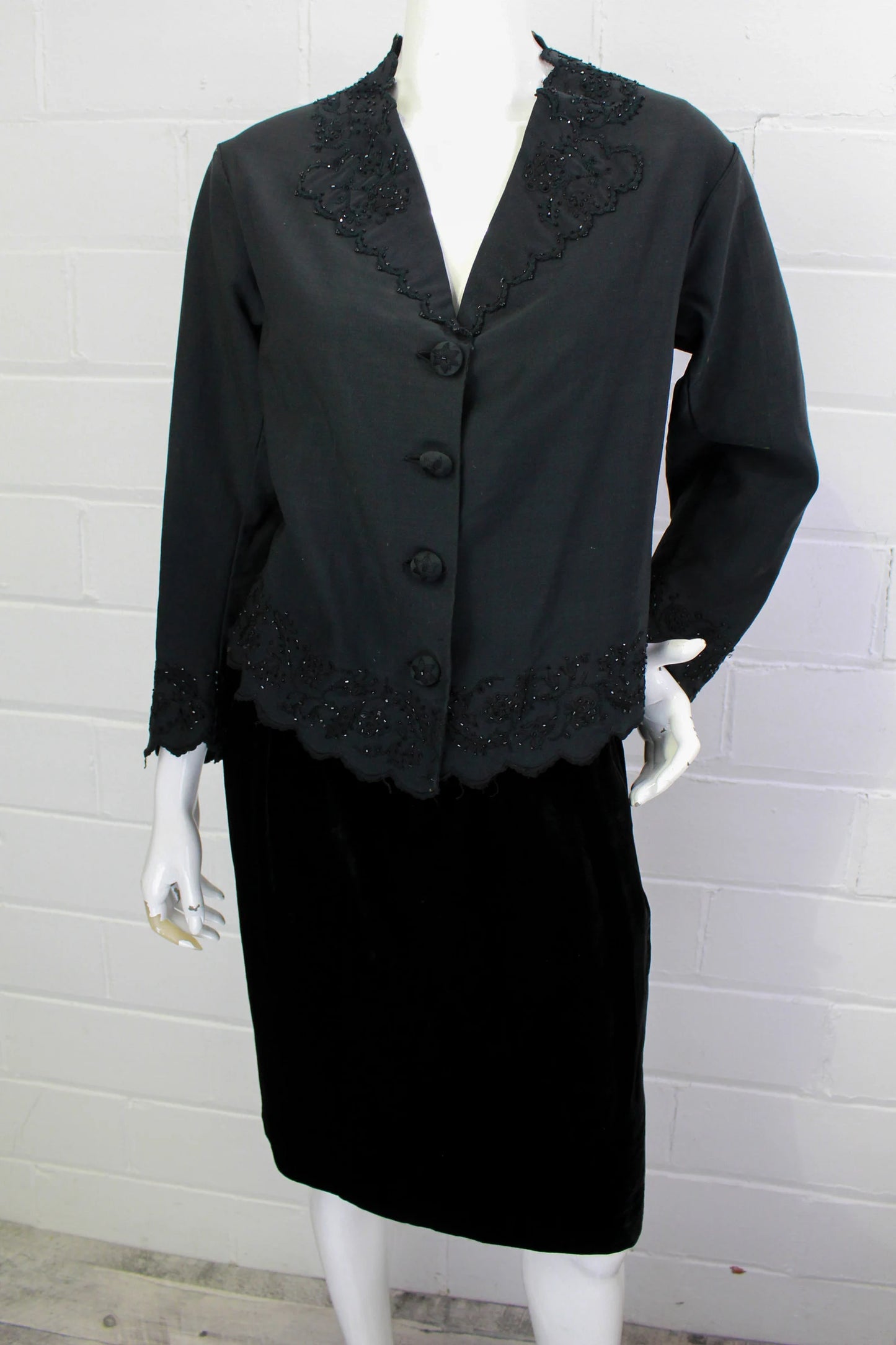Antique 1900s Black Beaded Cotton Victorian Mourning Jacket with Intricate Beading and Embroidery Scalloped Edges, Star Embroidered Buttons