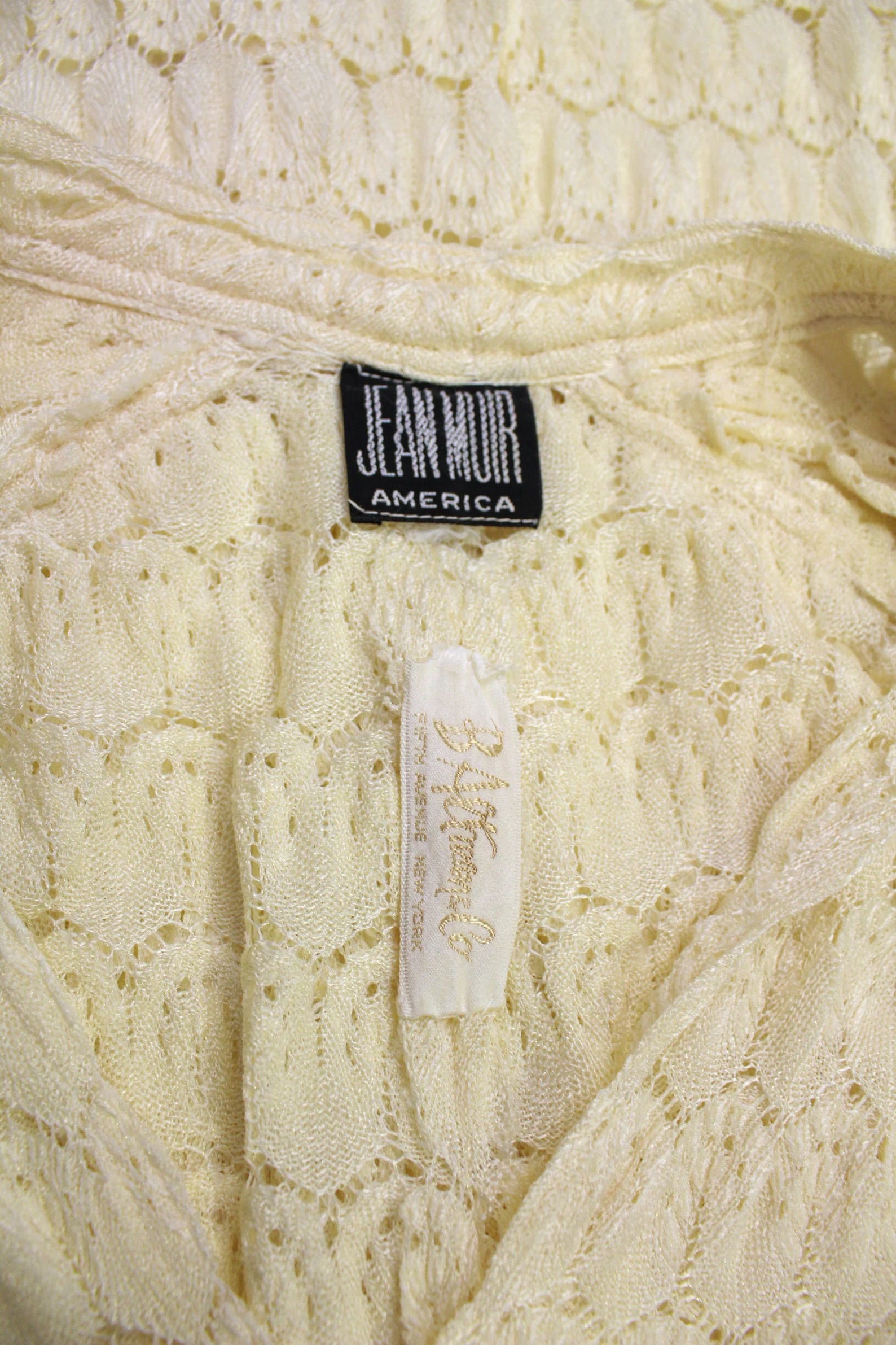 80s Rare Jean Muir Cream Knit Crochet Maxi Dress, Bishop Sleeves, Tie Neck, Vintage Jean Muir Designer Dress, B36.