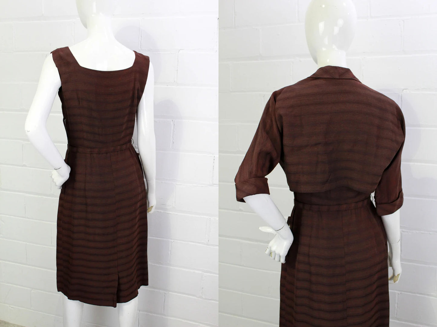 1950s Brown Dress and Jacket with Beaded Details, Short Sleeve Bolero Jacket, Vintage 50s Sheath Dress, Bust 36 in. Medium