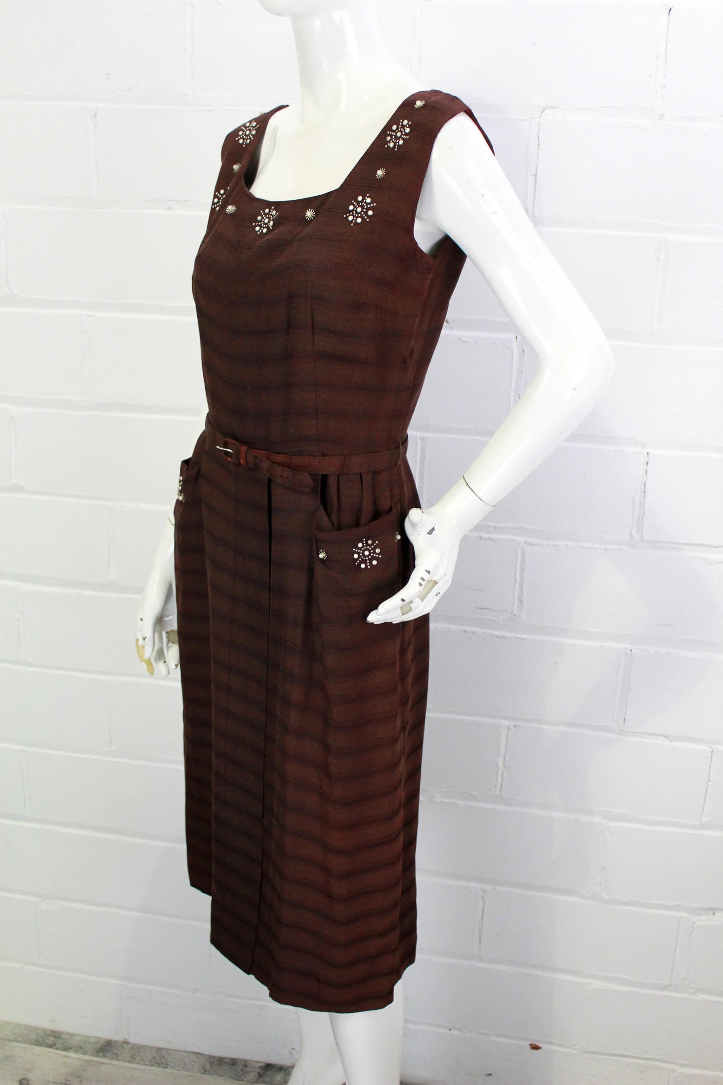 1950s Brown Dress and Jacket with Beaded Details, Short Sleeve Bolero Jacket, Vintage 50s Sheath Dress, Bust 36 in. Medium