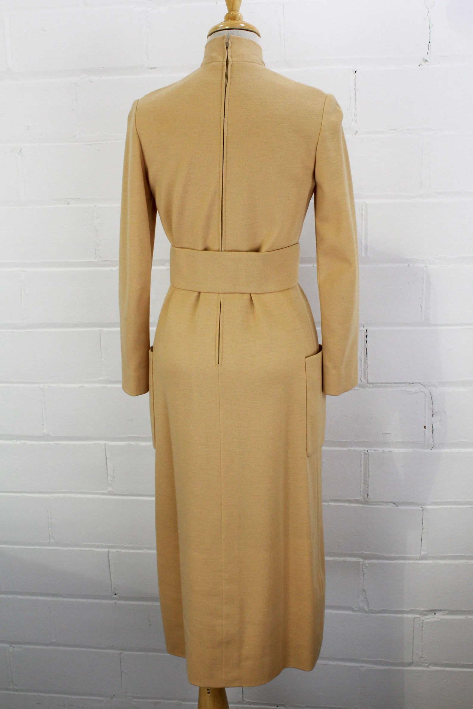 1970s Norman Norell Stand Collar Day Dress, Light Camel Long Sleeve Wool Belted Secretary Dress, Vintage Designer Dress W/ Pockets W28"