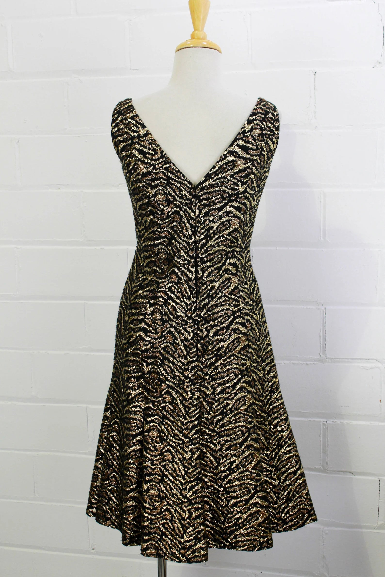 Vintage 60s Mollie Parnis Animal Print Metallic Dress, Womens Sleeveless Gold Lurex Tiger Print Cocktail Dress, B34, W28, Evening Dress