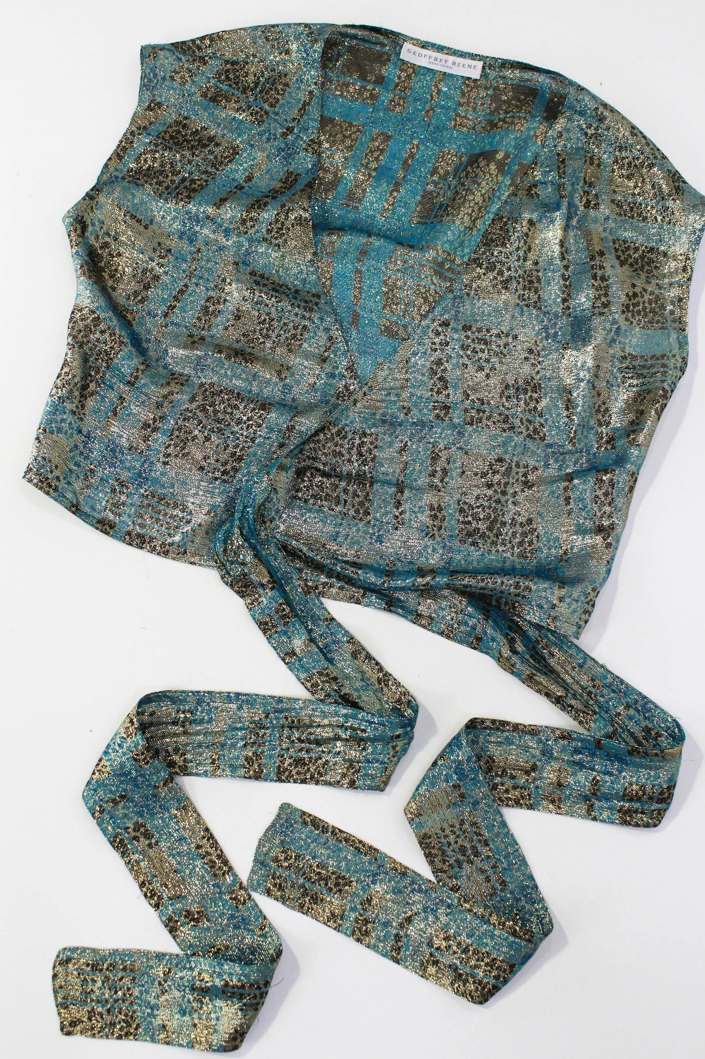Vintage 70s/80s Geoffrey Beene Teal Metallic Silk Wrap Top & Skirt Set, B34