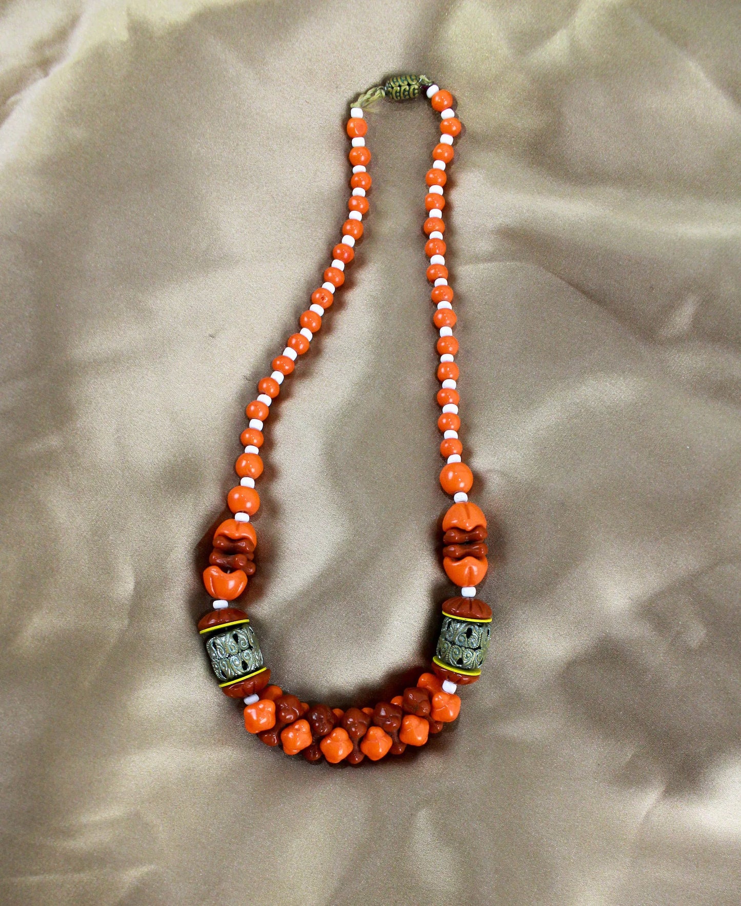 1930s Glass Beaded Necklace, Orange, White and Brown Beads with Metal Accents, Antique 30s Art Deco Necklace