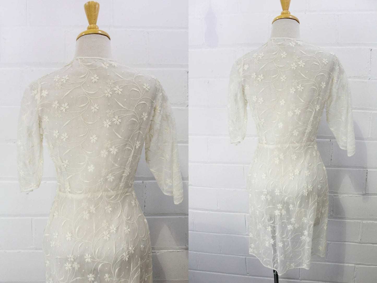 1930s Organza Embroidered Bed Jacket, Antique 30s Sheer Open Jacket with Sleeves Floral Embroidery, Size Small, Bust 34"
