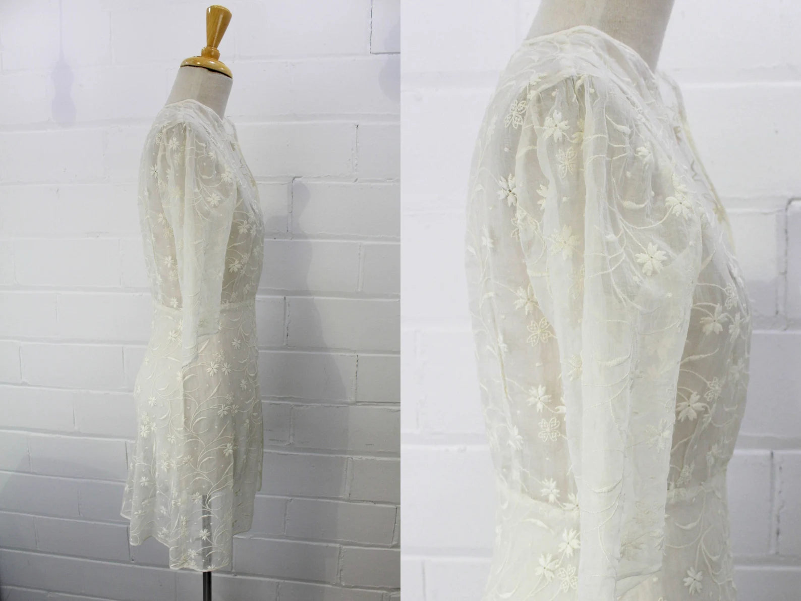 1930s Organza Embroidered Bed Jacket, Antique 30s Sheer Open Jacket with Sleeves Floral Embroidery, Size Small, Bust 34"