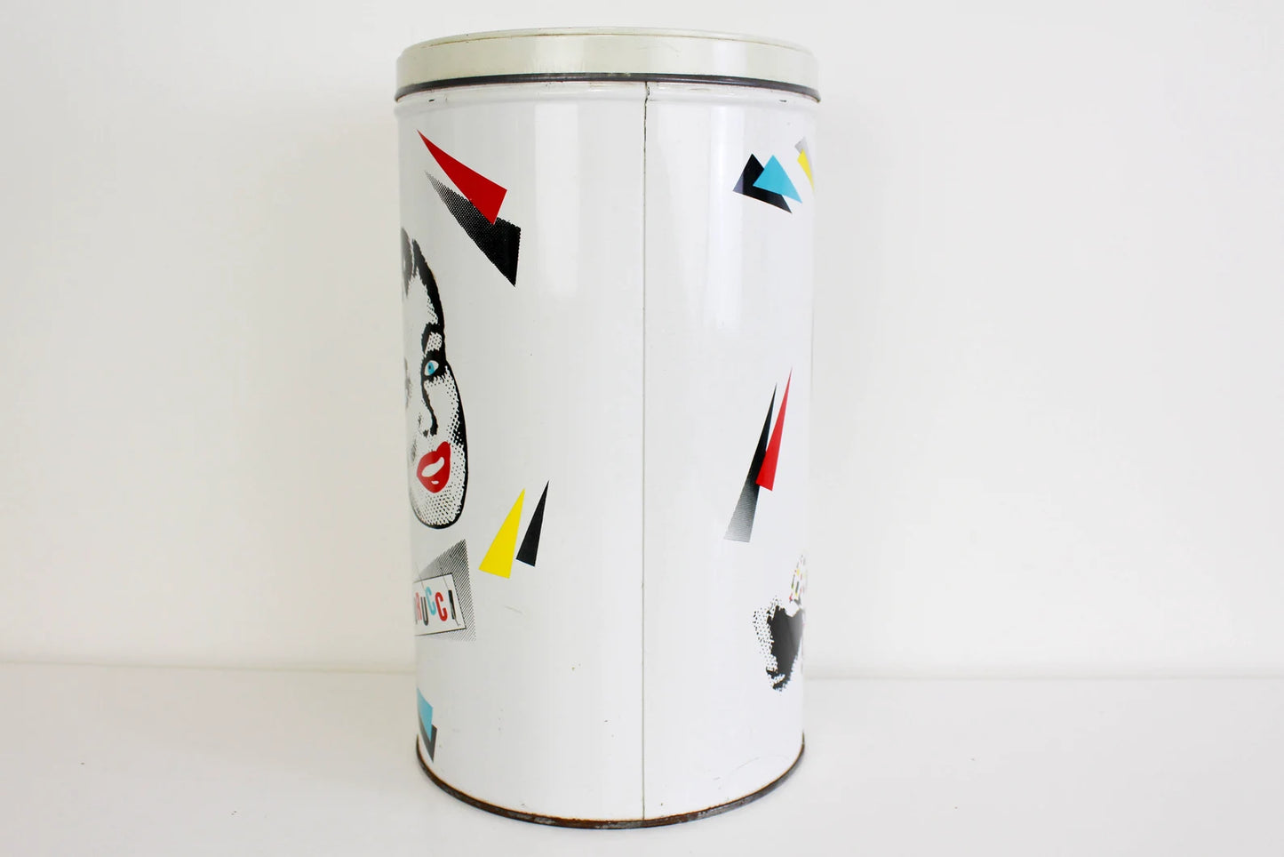 1980s Fiorucci Tin Can, Lichtenstein Style 50s Girl Illustration, Cream and Black, Primary Colors, Vintage Fiorucci Canister