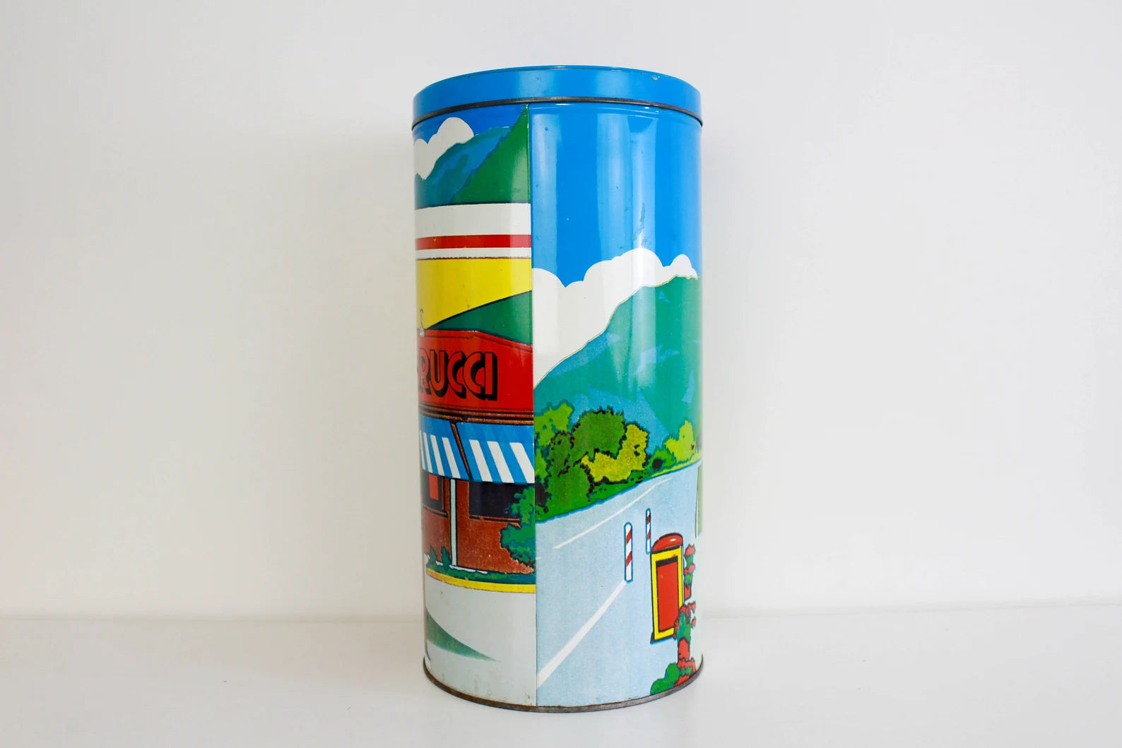1980s Fiorucci Tin Can, Italian Gas Station Illustration, Large Fiorucci Canister, Collectible Vintage Fiorucci Homewares