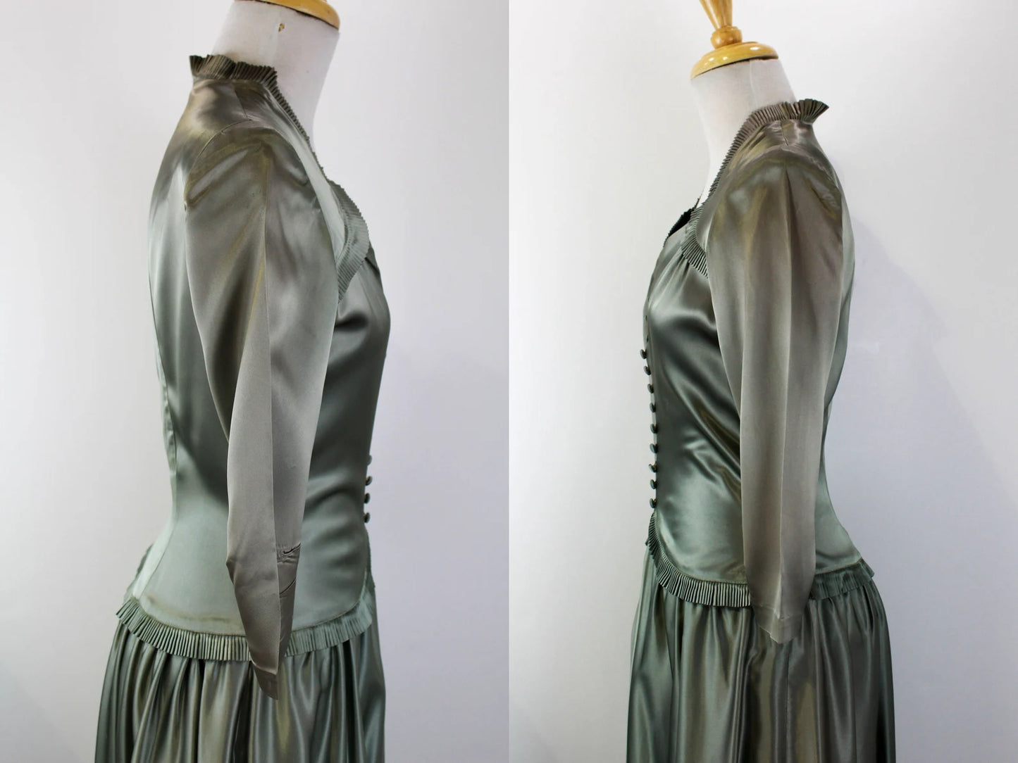 1940s Green Satin Gown, Full Skirt, Pleated Trim, Vintage 40s Dress, Covered Buttons, Maxi Length, 3/4 Sleeves, Bust 34