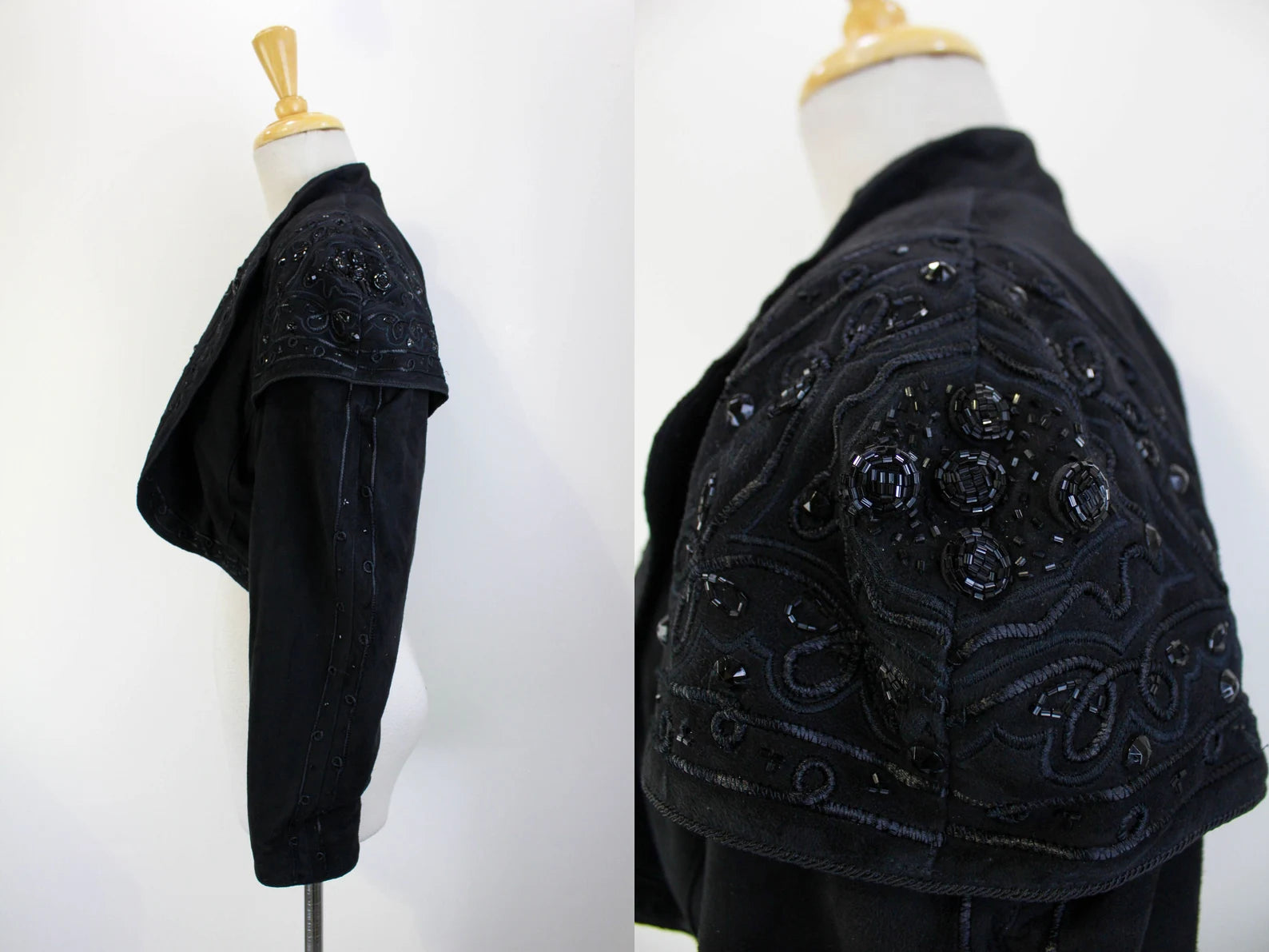 80s Suede Bolero Jacket, Beaded, Embroidered, Cropped Vintage Black Leather Jacket, Mercedes & Adrienne