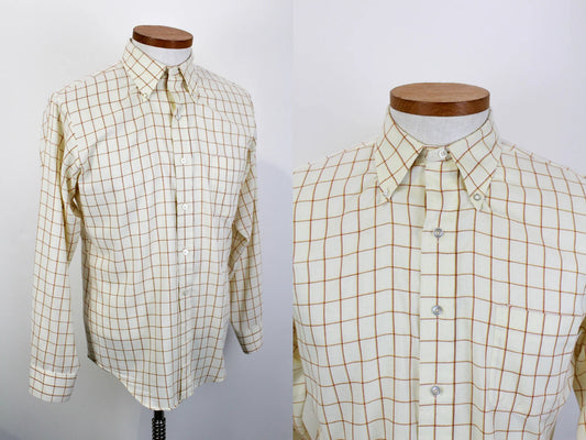 1960s Button Down Shirt, Vintage Men's 60s Checked Tattersall Weave Collared Shirt, Campus Label, Never Iron