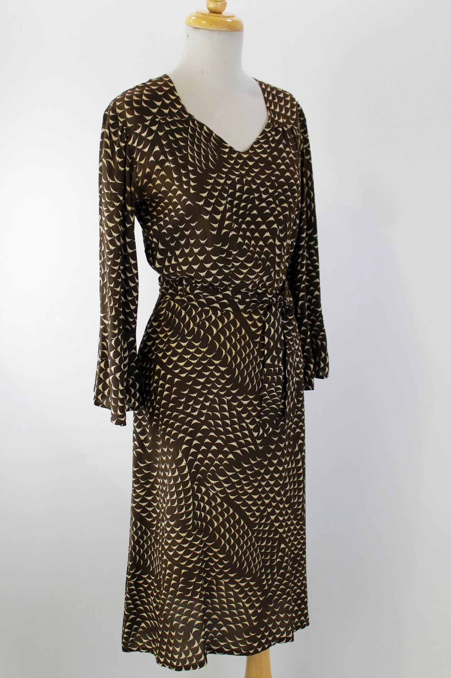1930s Brown Silk Day Dress, Cream Abstract Print, Flared Sleeves, Tie Belt, Vintage 30s Art Deco Dress, XS