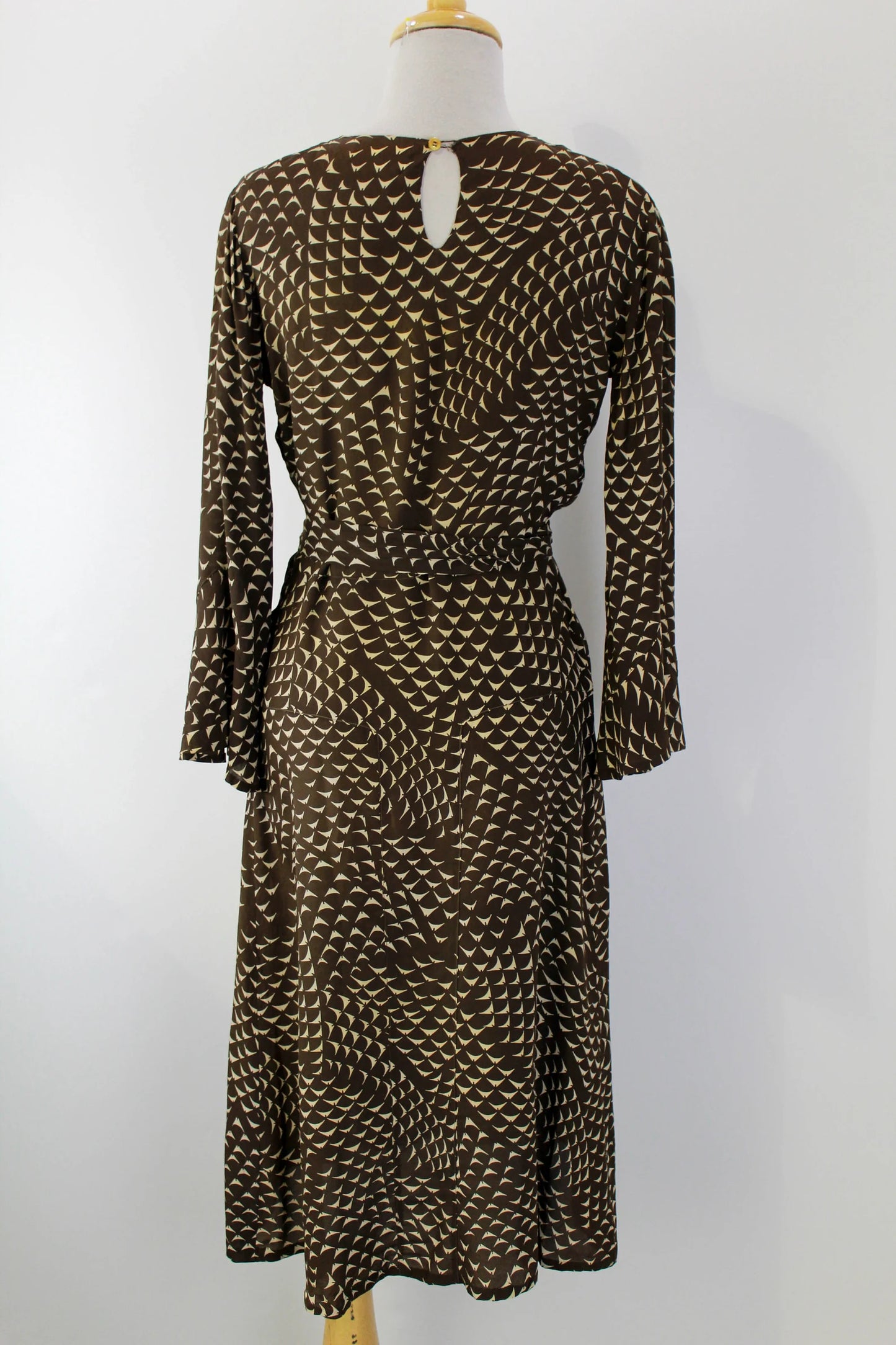1930s Brown Silk Day Dress, Cream Abstract Print, Flared Sleeves, Tie Belt, Vintage 30s Art Deco Dress, XS