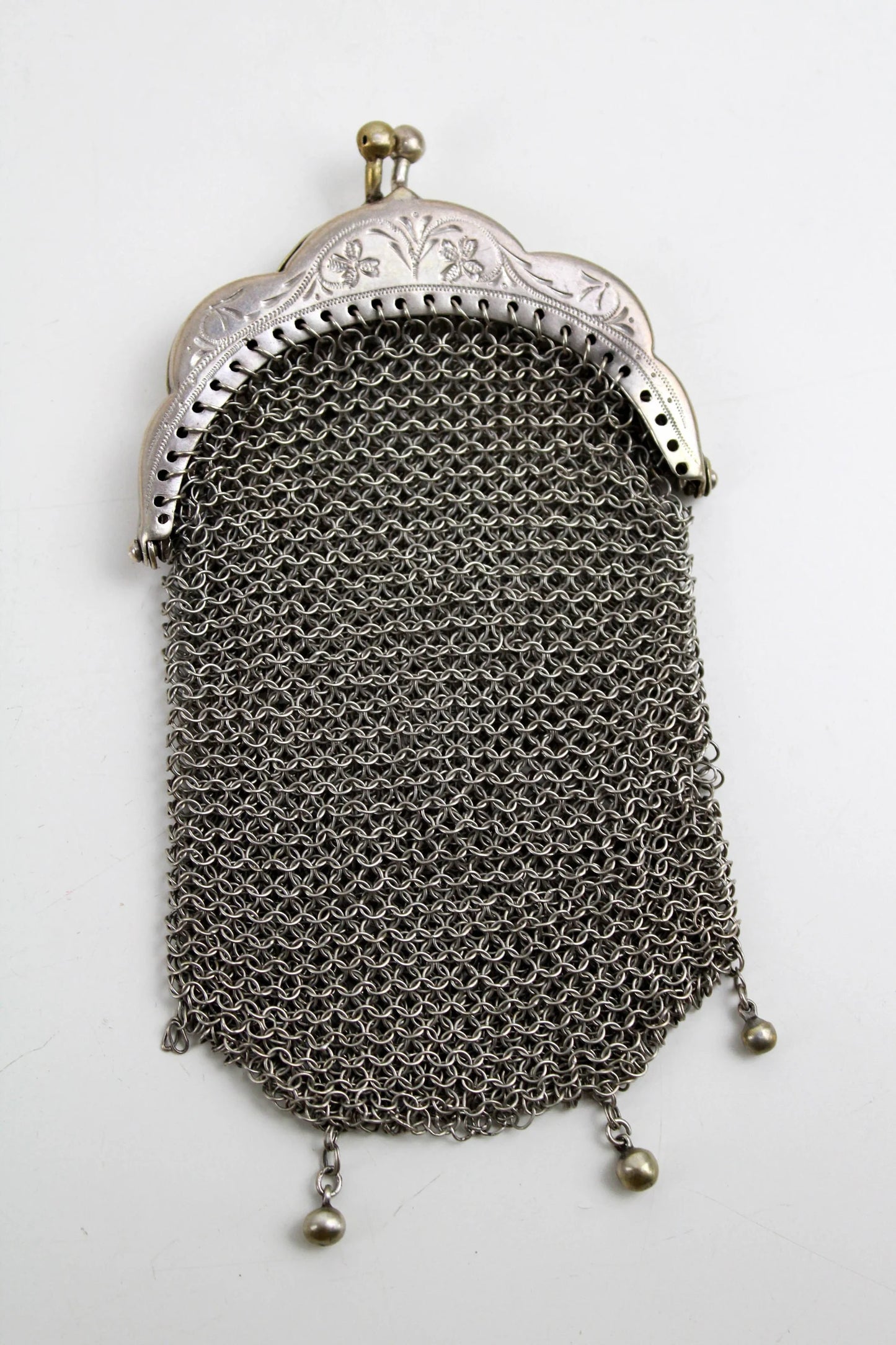Antique Victorian Chainmail Coin Purse, Two Sections, Silver Tone Metal, Kiss Clasp, 1900s Mesh Metal Pouch