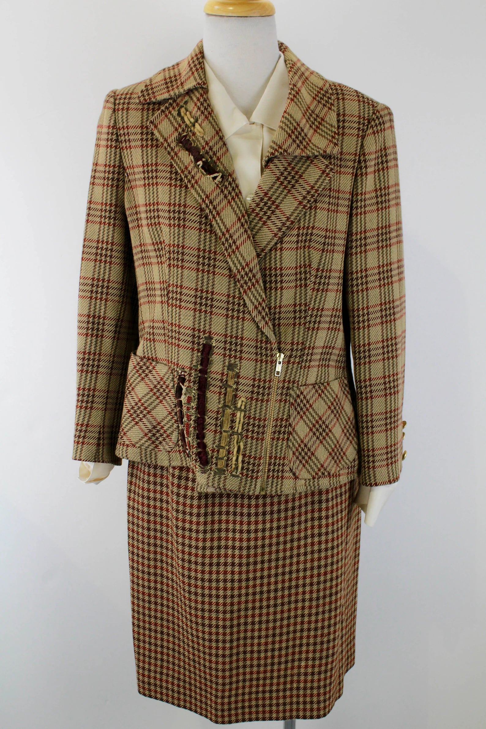 90s Christian Lacroix Suit, Vintage Christian Lacroix Designer Check Plaid Wool Skirt Suit, Made in France, Large