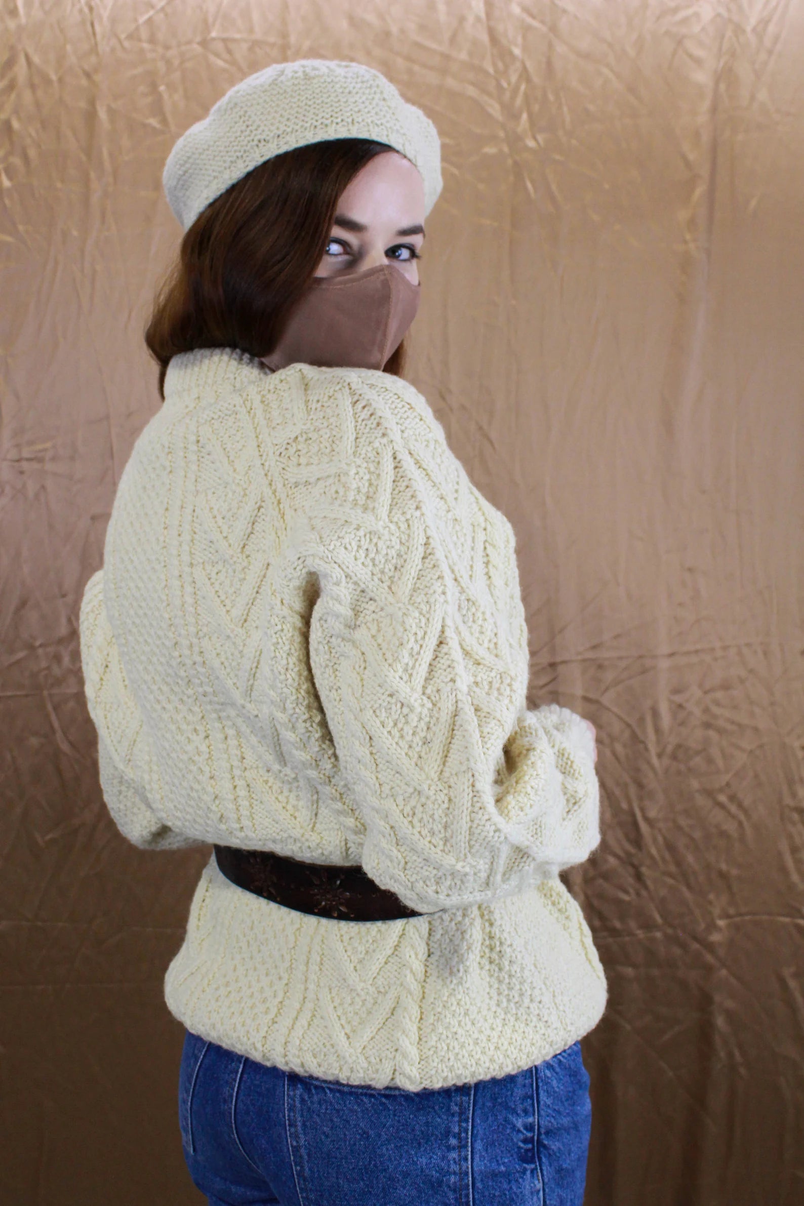 Vintage 60s/70s Cream Wool Aran Fisherman Sweater and Matching Knit Tam/  Beret, Hand Knit in Ireland, Carbery