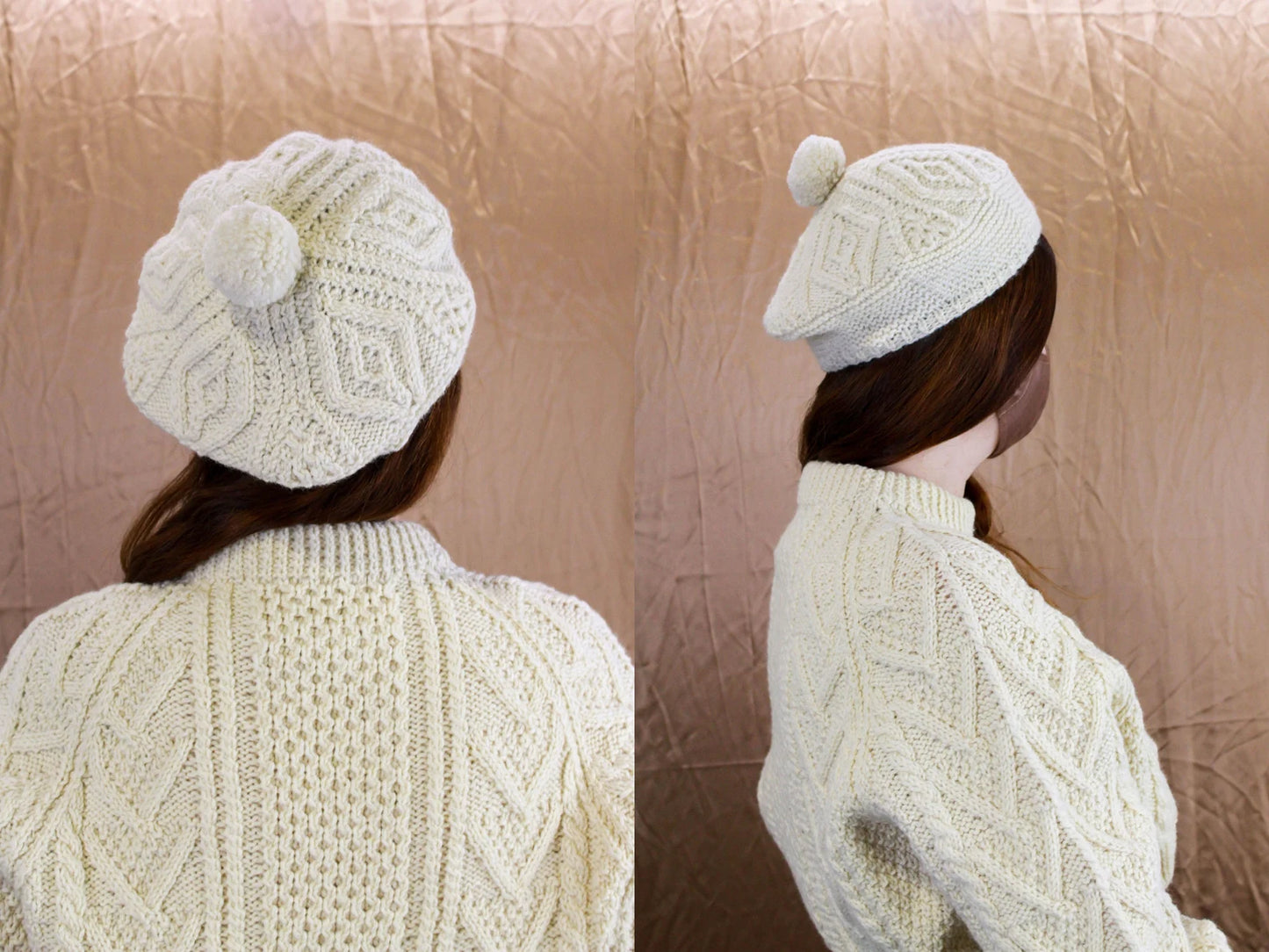 Vintage Cream Wool Aran Carbery Fisherman Sweater and Matching Knit Tam/Beret with Pom Pom, Hand Knit in Ireland