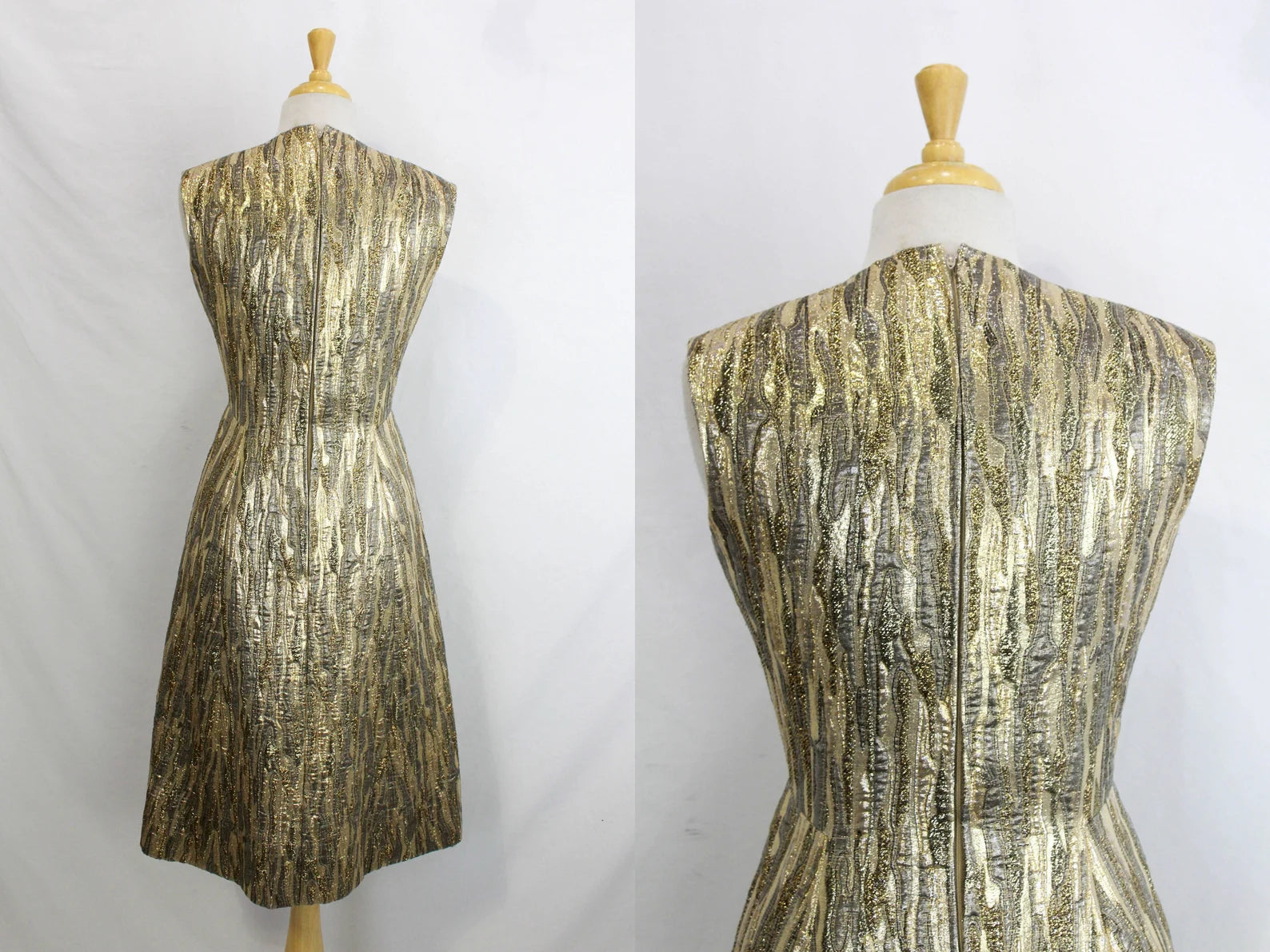 1960s Pauline Trigere Metallic Gold Lame Cocktail Dress, Vintage Cocktail Dress & Matching Coat, V Neck Sleeveless Dress Suit, B34, W28