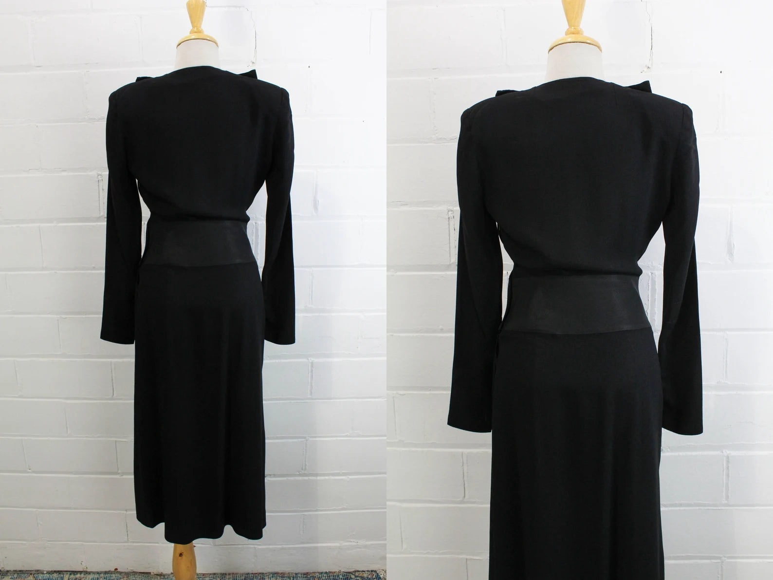 1940s Black Rayon Crepe Dress, Small, Flat Collar Detail, Waist Panel Detail, Long Sleeves
