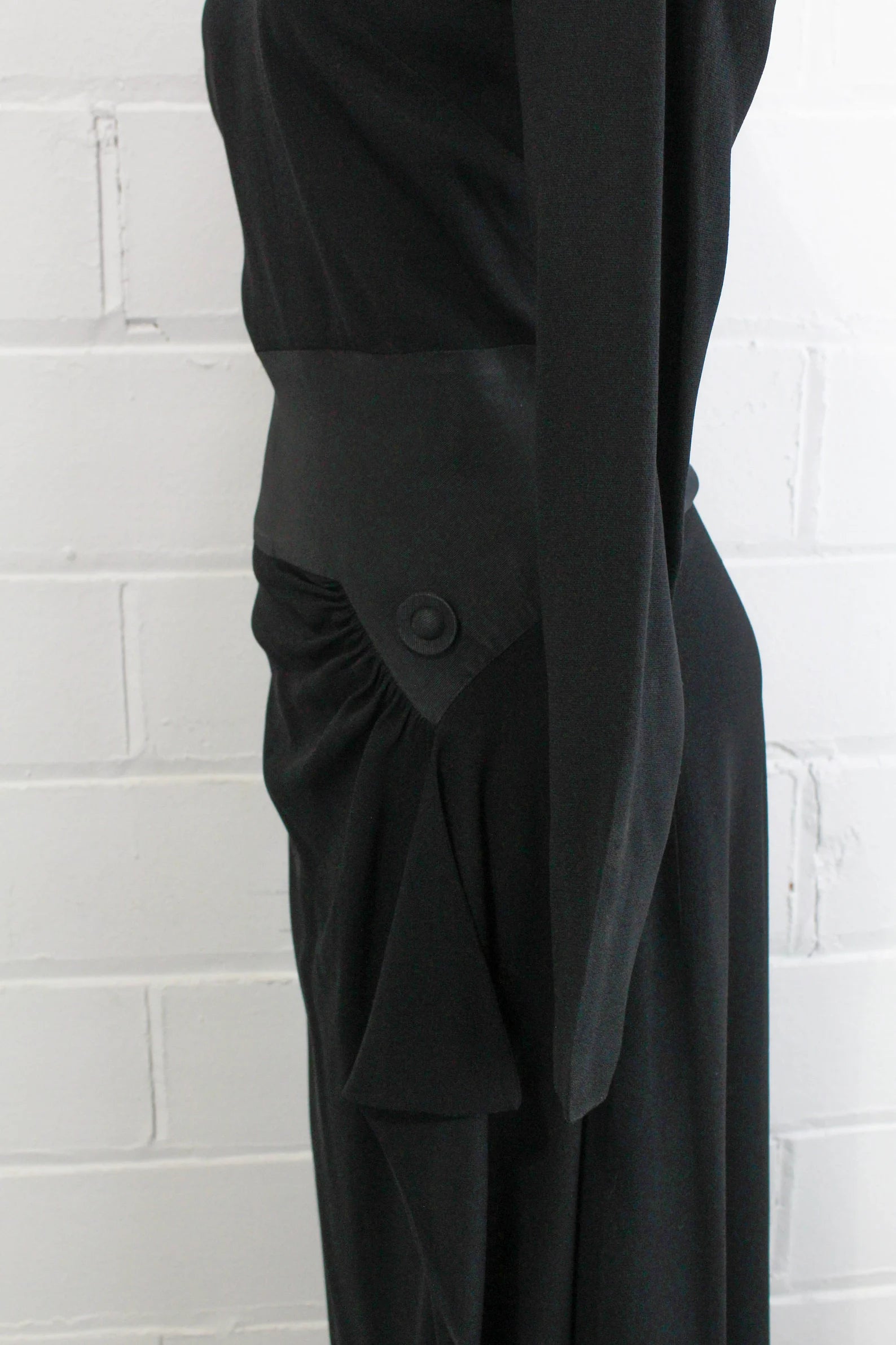 1940s Black Rayon Crepe Dress, Small, Flat Collar Detail, Waist Panel Detail, Long Sleeves