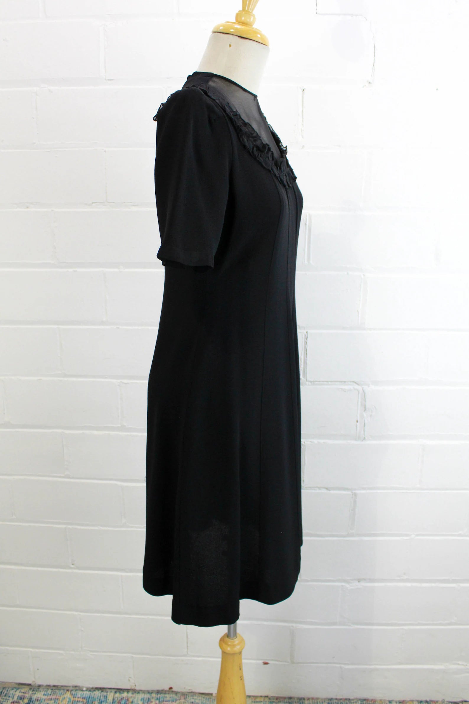 1940s Black Rayon Crepe Dress, Ruffle Detail, Short Sleeves, Sheer Mesh Neckline, A-line
