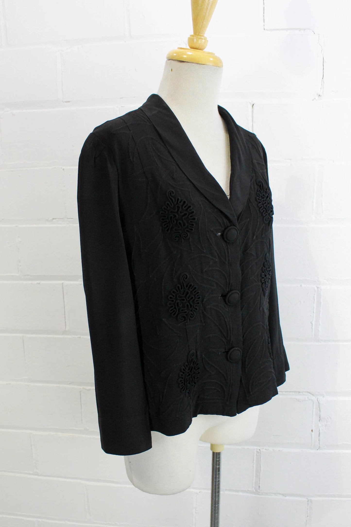 1940s Soutache Embroidered Black Jacket, Small, Shawl Collar, Rayon Crepe, Vintage 40s Blazer