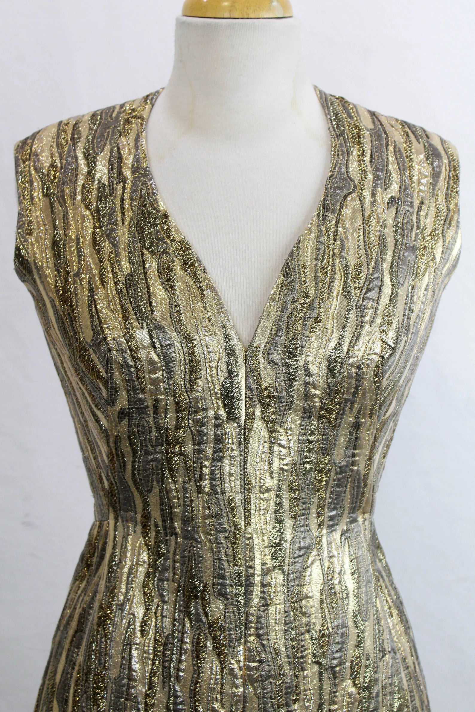 1960s Pauline Trigere Metallic Gold Lame Cocktail Dress, Vintage Cocktail Dress & Matching Coat, V Neck Sleeveless Dress Suit, B34, W28