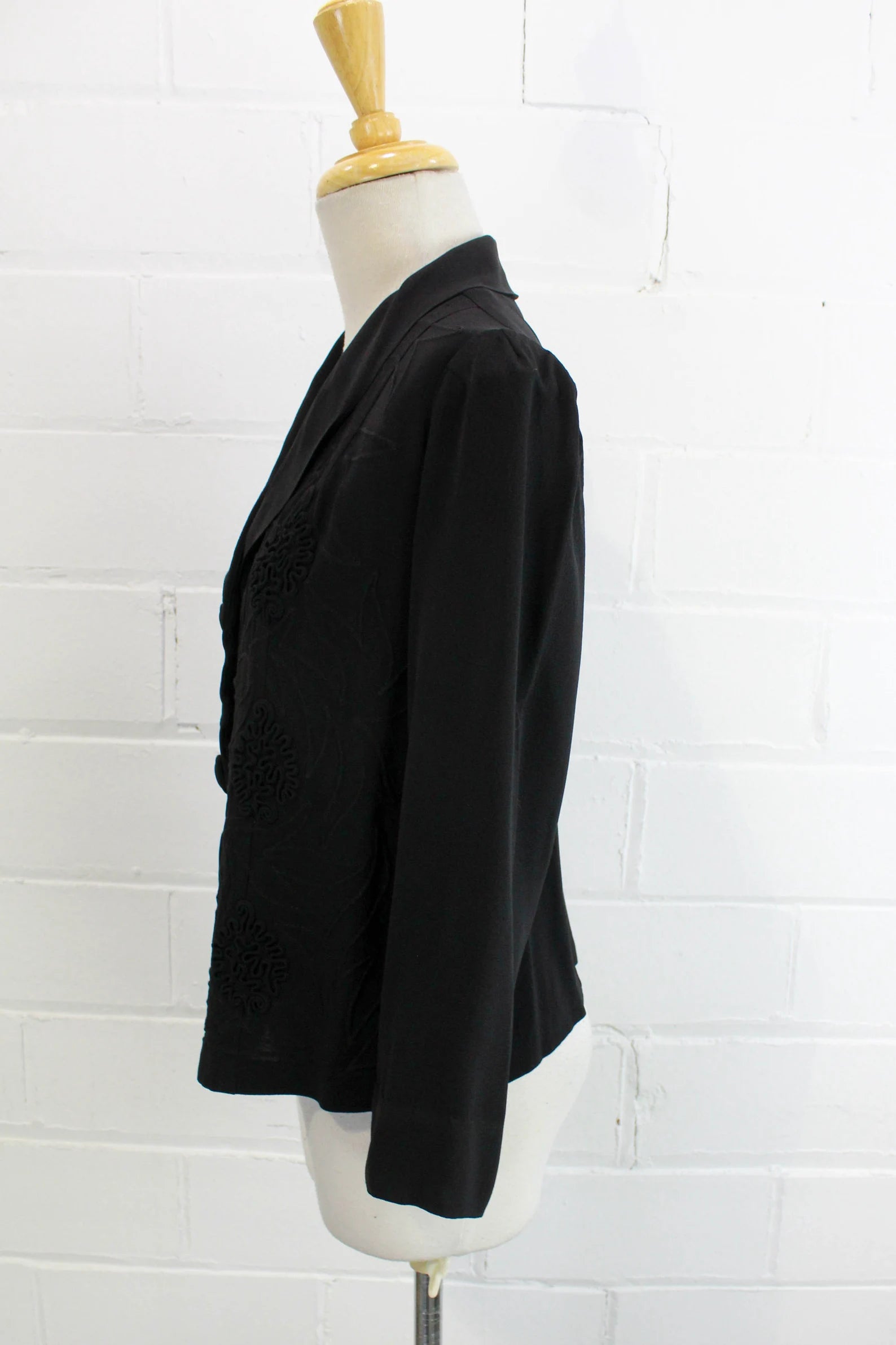 1940s Soutache Embroidered Black Jacket, Small, Shawl Collar, Rayon Crepe, Vintage 40s Blazer