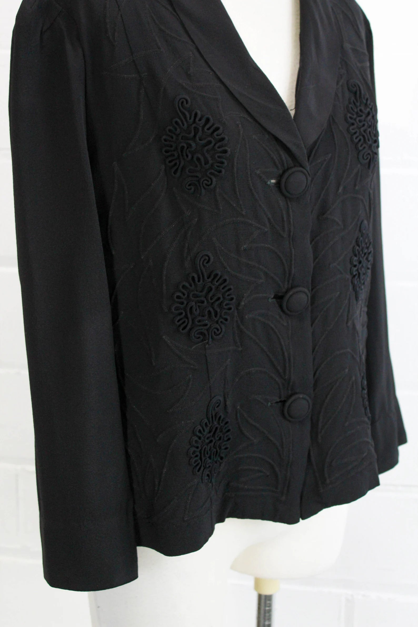 Vintage 1940s Black Soutache Embroidered Rayon Crepe Jacket, Small