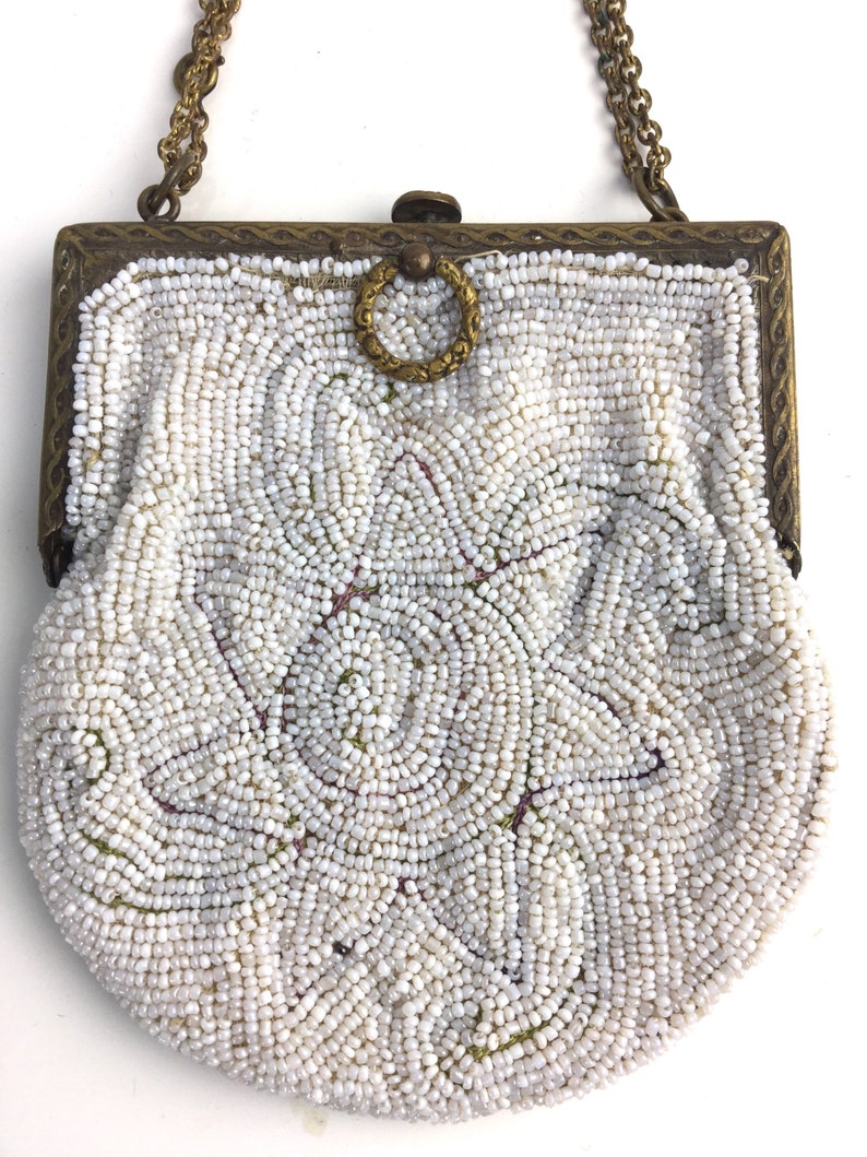 Vintage 1920s White Beaded Evening Purse With Sun Motif & Gold Metal Frame, Art Deco Handbag