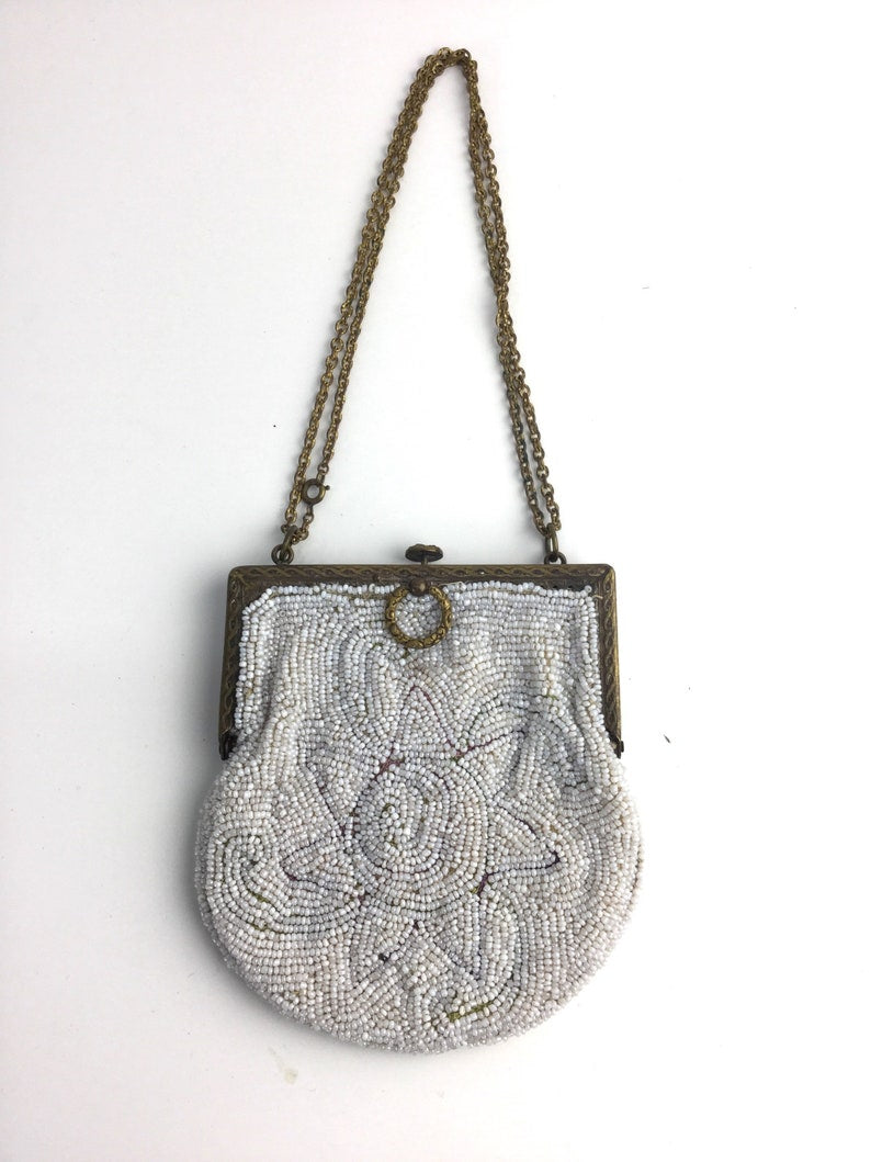 Vintage White & Gold Beaded Evening Handbag - Daisy Lain
