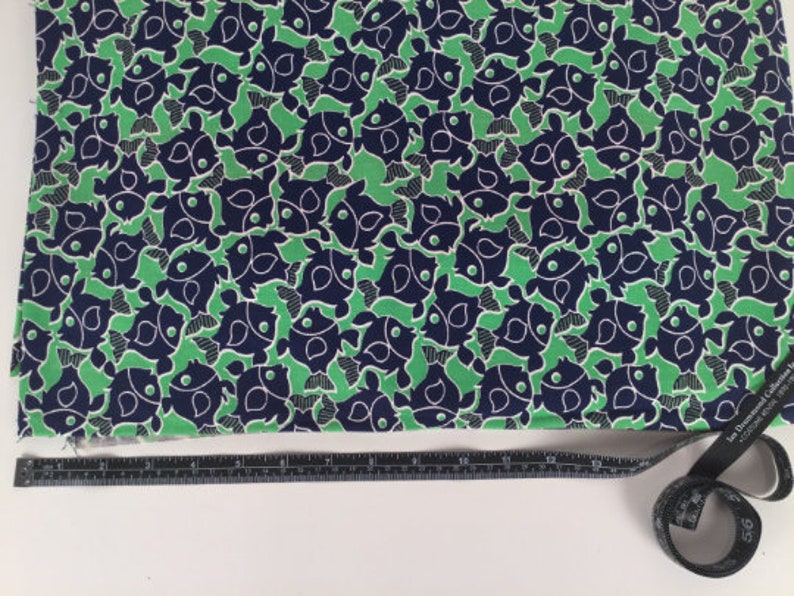 80s Fish Print Fabric, Vintage Sewing Fabric, Navy Blue & Green Cotton Novelty Print Fabric, 2 PCs, 4+ Yards, Beach House Decor