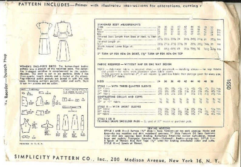 VINTAGE 40s Pattern, Sewing Pattern, Simplicity 1650, Womens Dress Pattern, 40s Day Dress, 2 Styles, B36", H39", Complete, 40s Dress Pattern