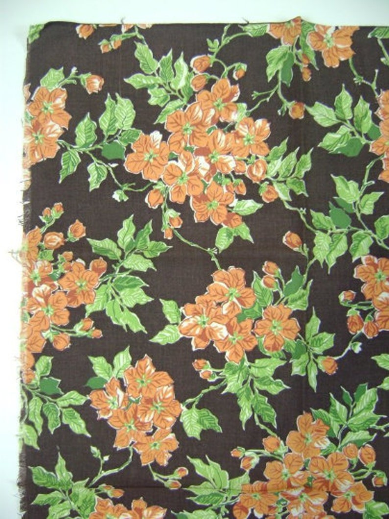 Vintage 1940s Brown & Orange Floral Cotton Feedsack Fabric, 36x43"