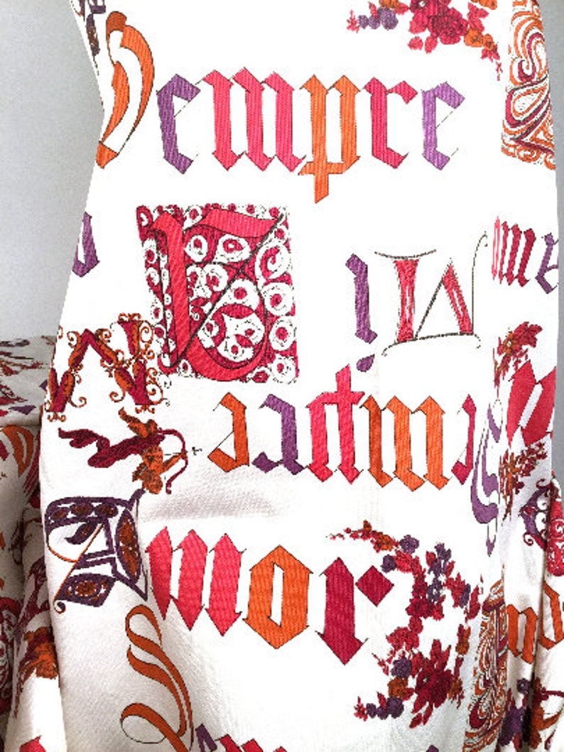 1970s Novelty Print Fabric, Illuminated Manuscript Letters, Vintage Medieval Print Fabric, I Love You Upholstery Fabric, 8+ Yards