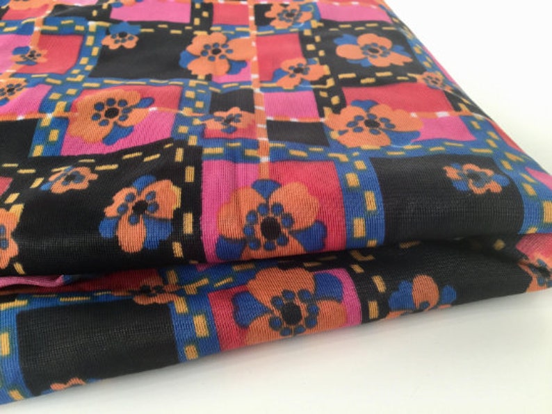 Vintage 1970s Plum & Black Floral Nylon Fabric, Rich Multicolor Floral Box Check Print, Semi Sheer Nylon Dressmaking Fabric, 6+ Yards